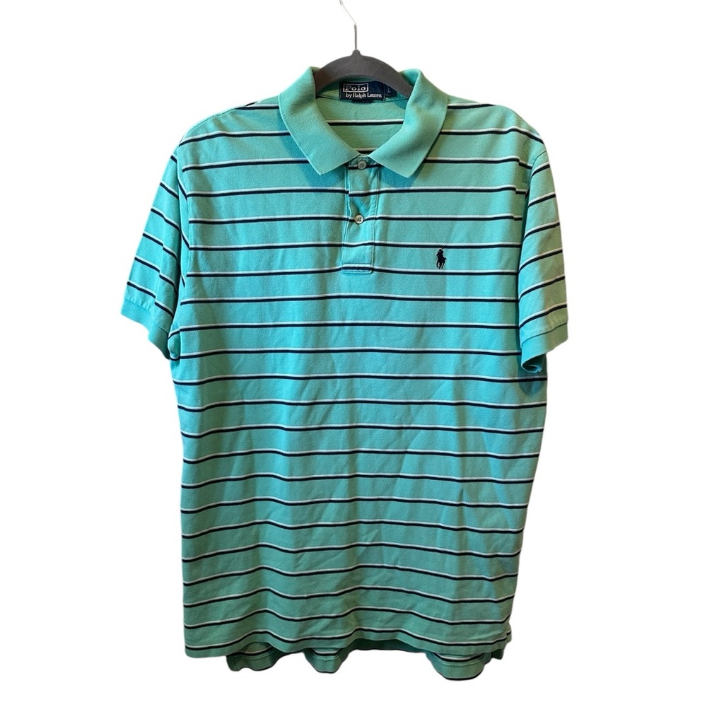 90s Vtg Ralph Lauren Polo Mens L Shirt Green Blue White Striped SS Rugby